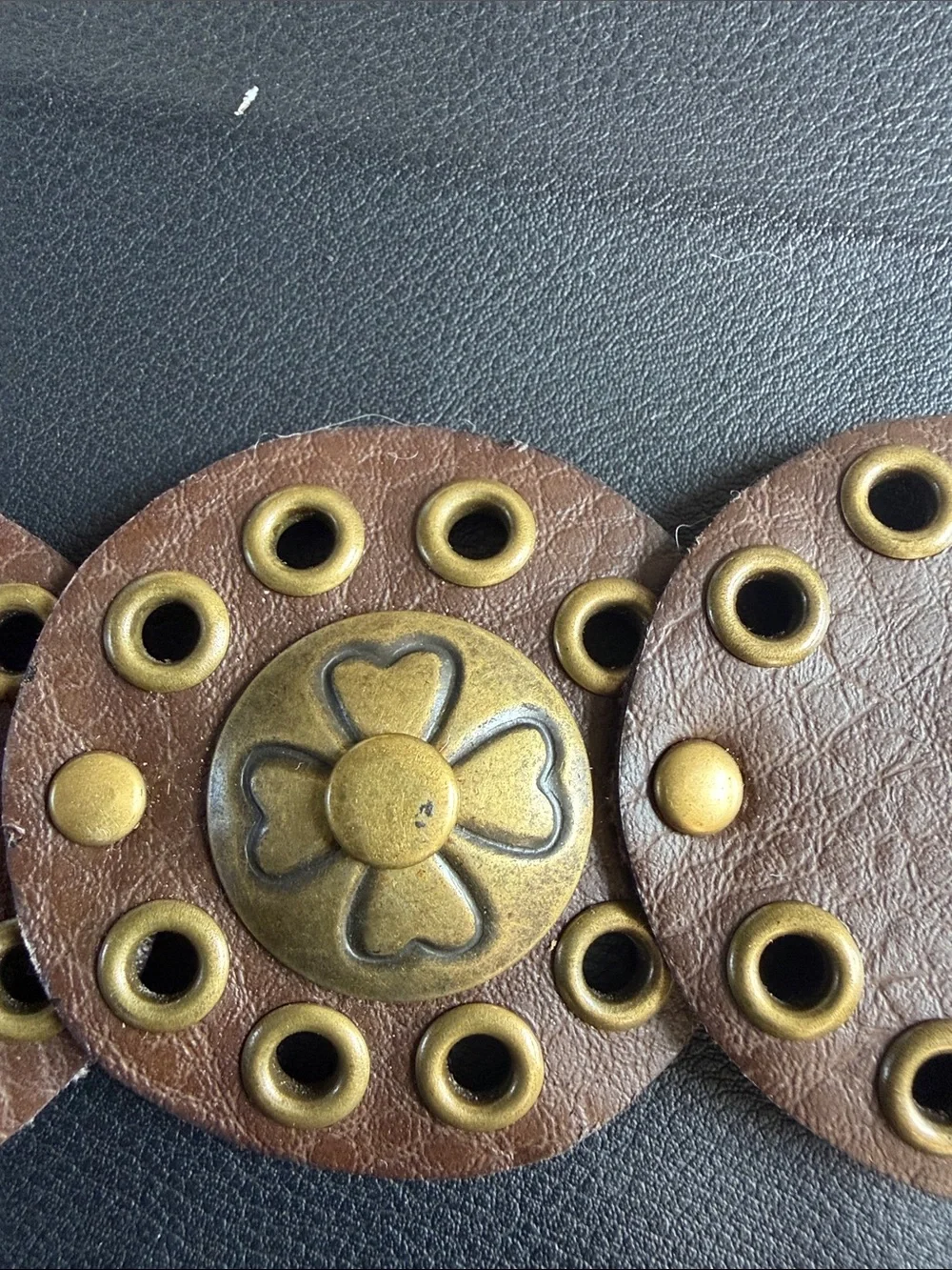 Brown Faux Leather Concho Disc Belt Brass Western Boho Statement